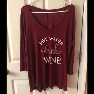 Mic & Jax Women’s “Wine” shirt, Size 1X Burgundy scoop neck Long Sleeve Tee